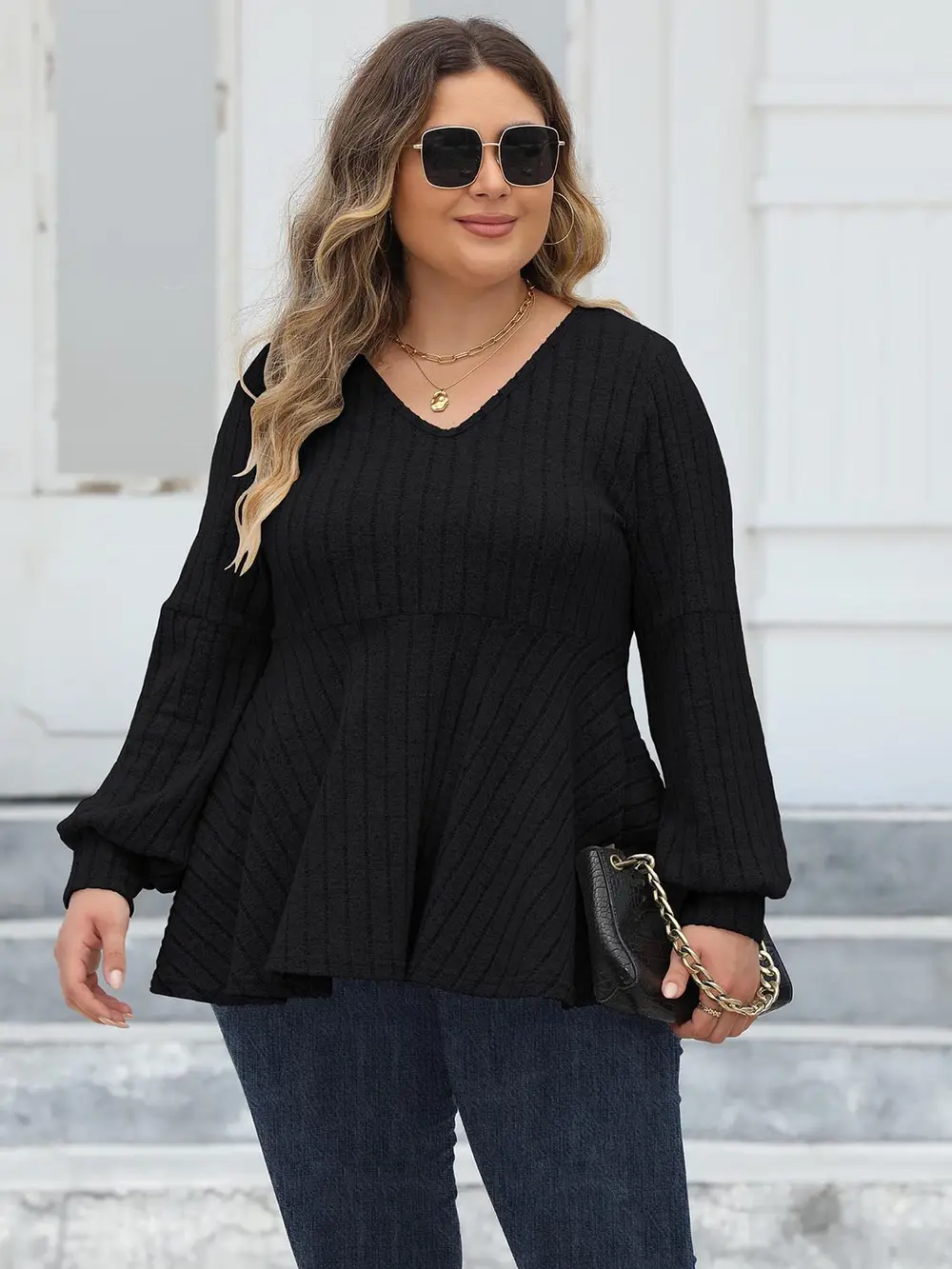 Plus Size Ribbed V-Neck Long Sleeve Blouse, image 8
