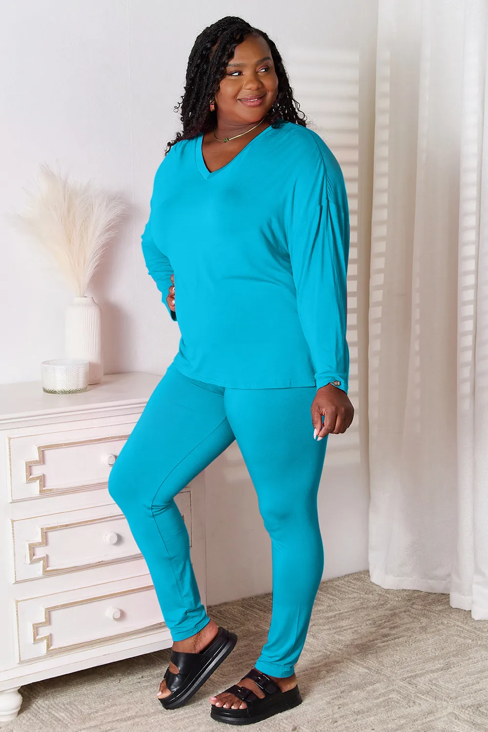 Full Size V-Neck Soft Rayon Long Sleeve Top and Pants Lounge Set, image 16