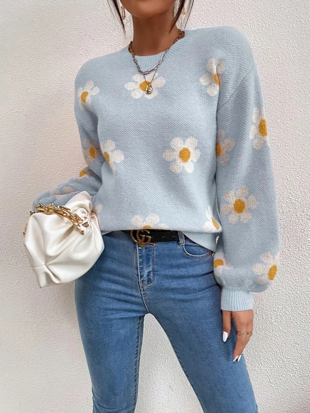 Flower Round Neck Latern Sleeve Sweater, image 13
