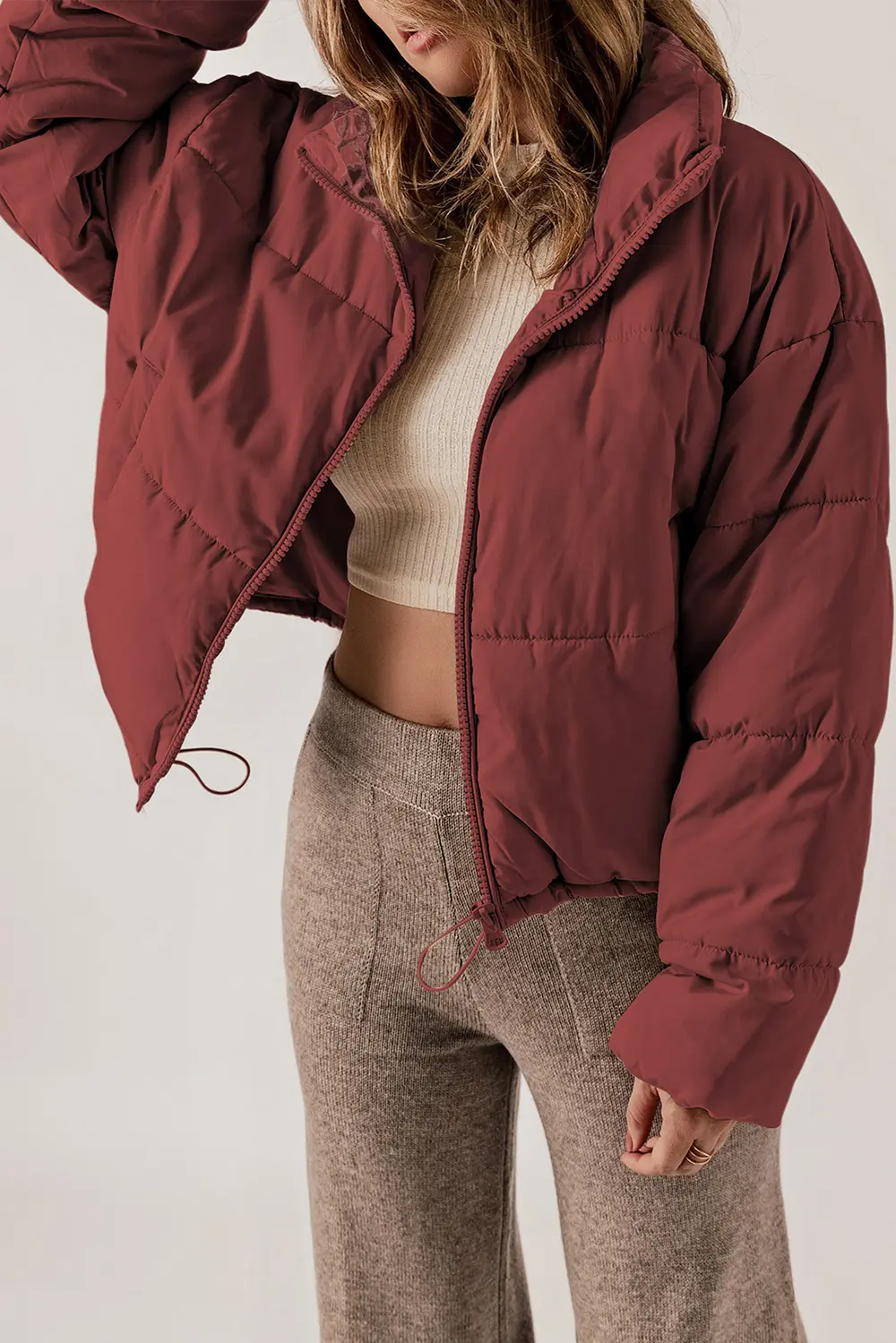 Zip Up Collared Neck Long Sleeve Winter Coat, image 9