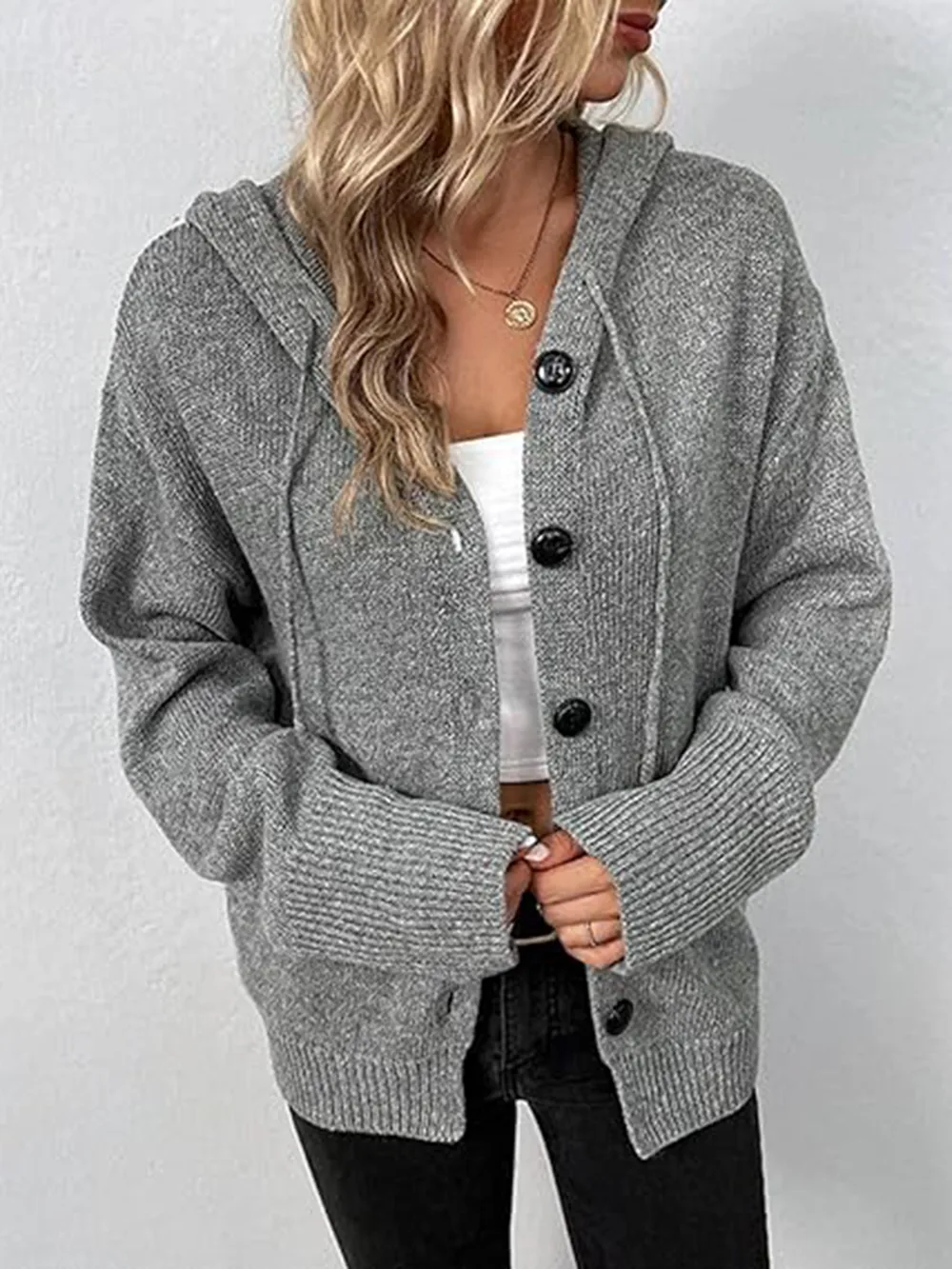 Button Up Drawstring Long Sleeve Hooded Cardigan, image 3
