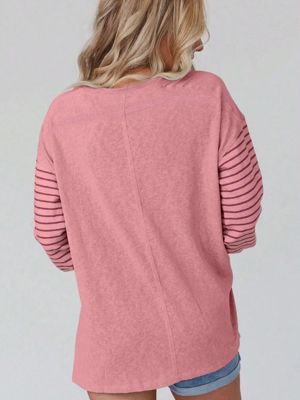 Round Neck Striped Long Sleeve Slit T-Shirt, image 13