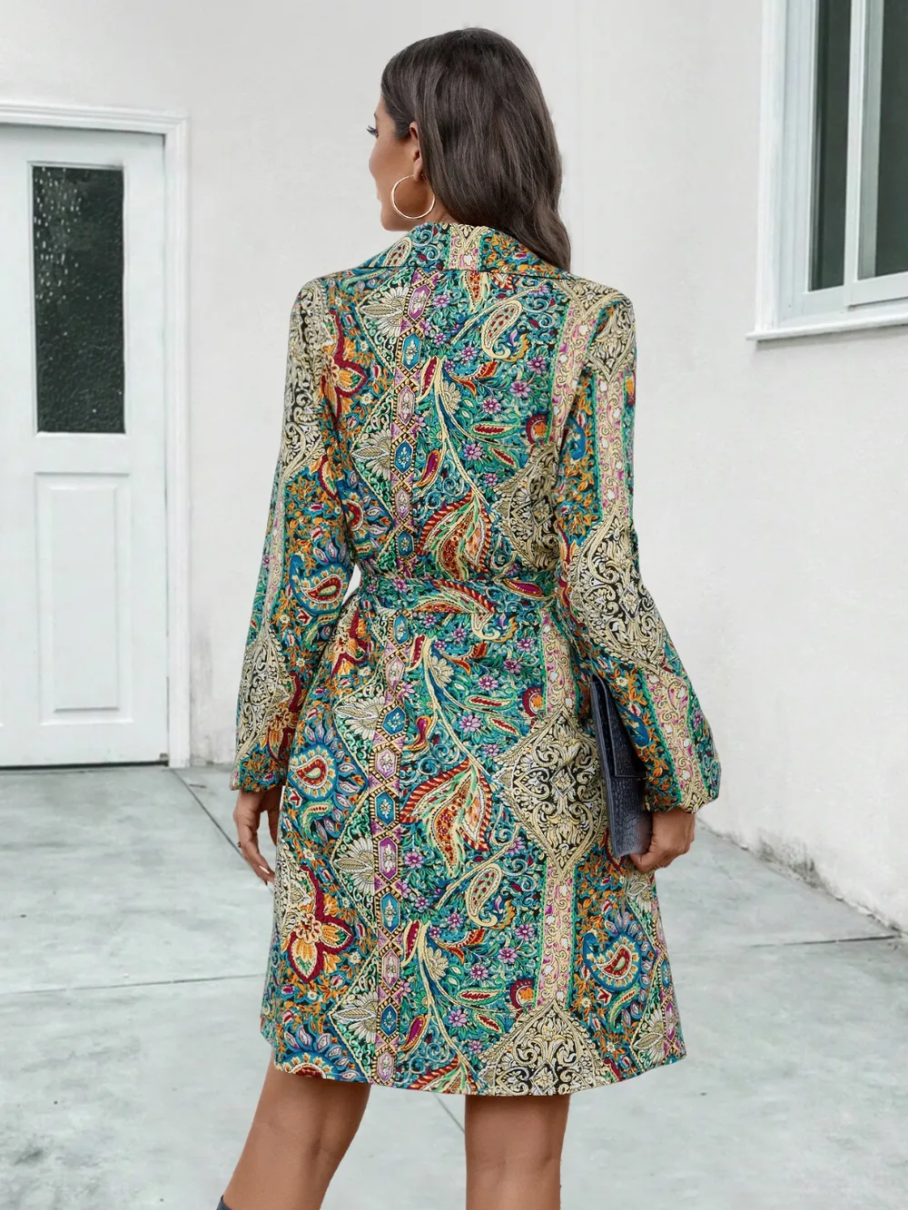 Printed Collared Neck Long Sleeve Dress, image 6