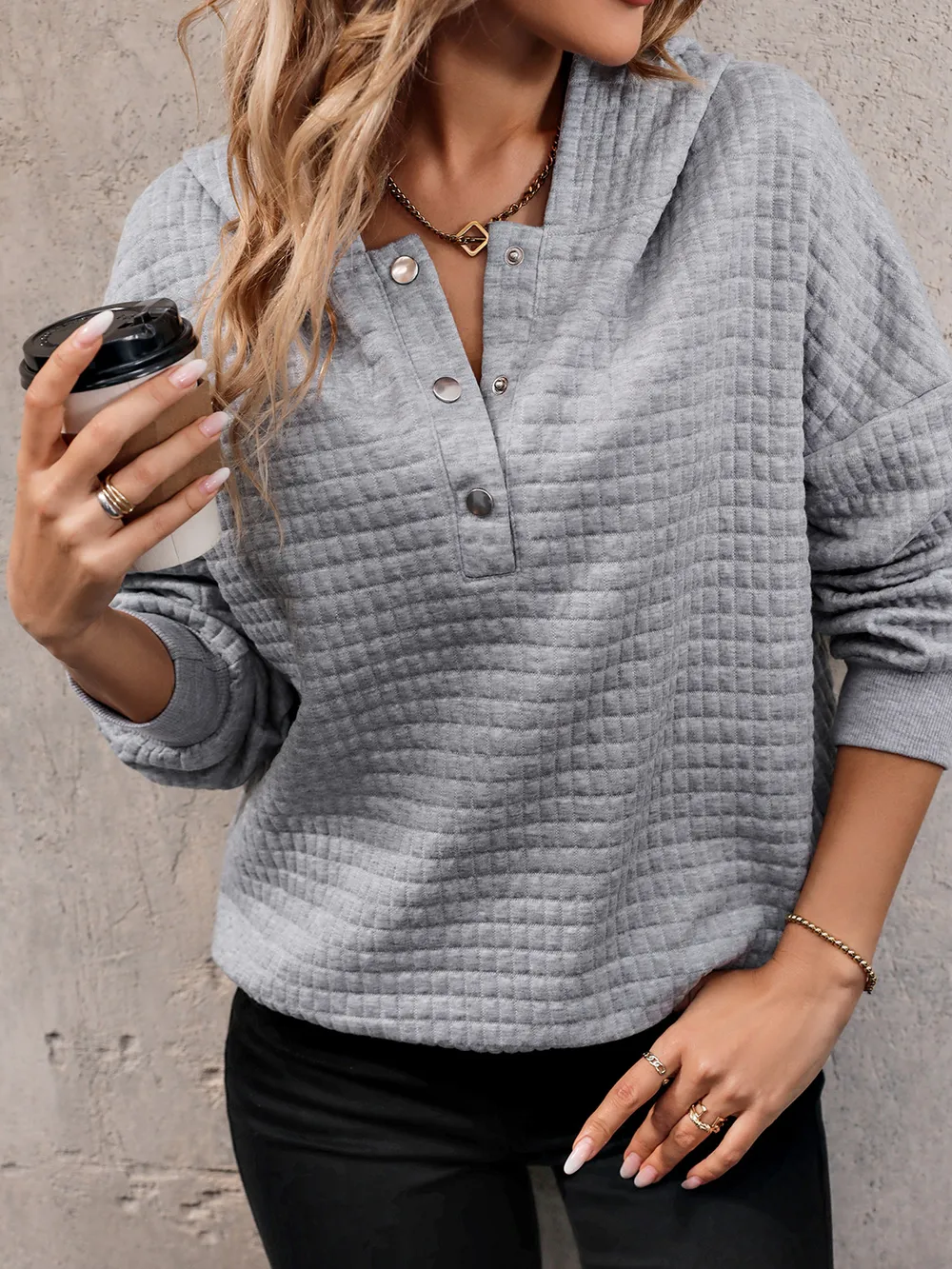 Waffle-Knit Half Button Hoodie, image 4
