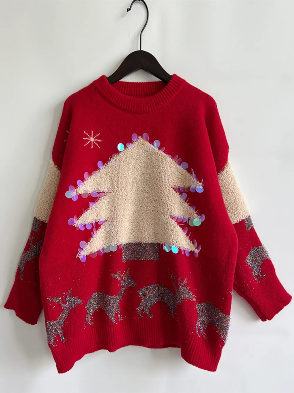 Sequin Christmas Tree & Reindeer Round Neck Sweater, image 7
