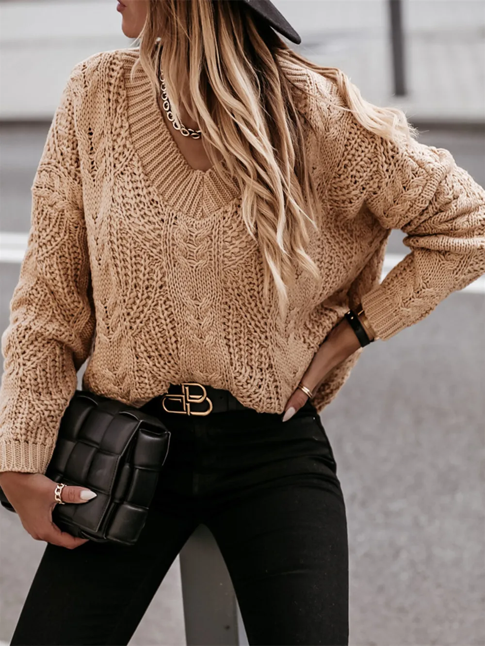 V-Neck Cable-Knit Long Sleeve Sweater, image 13
