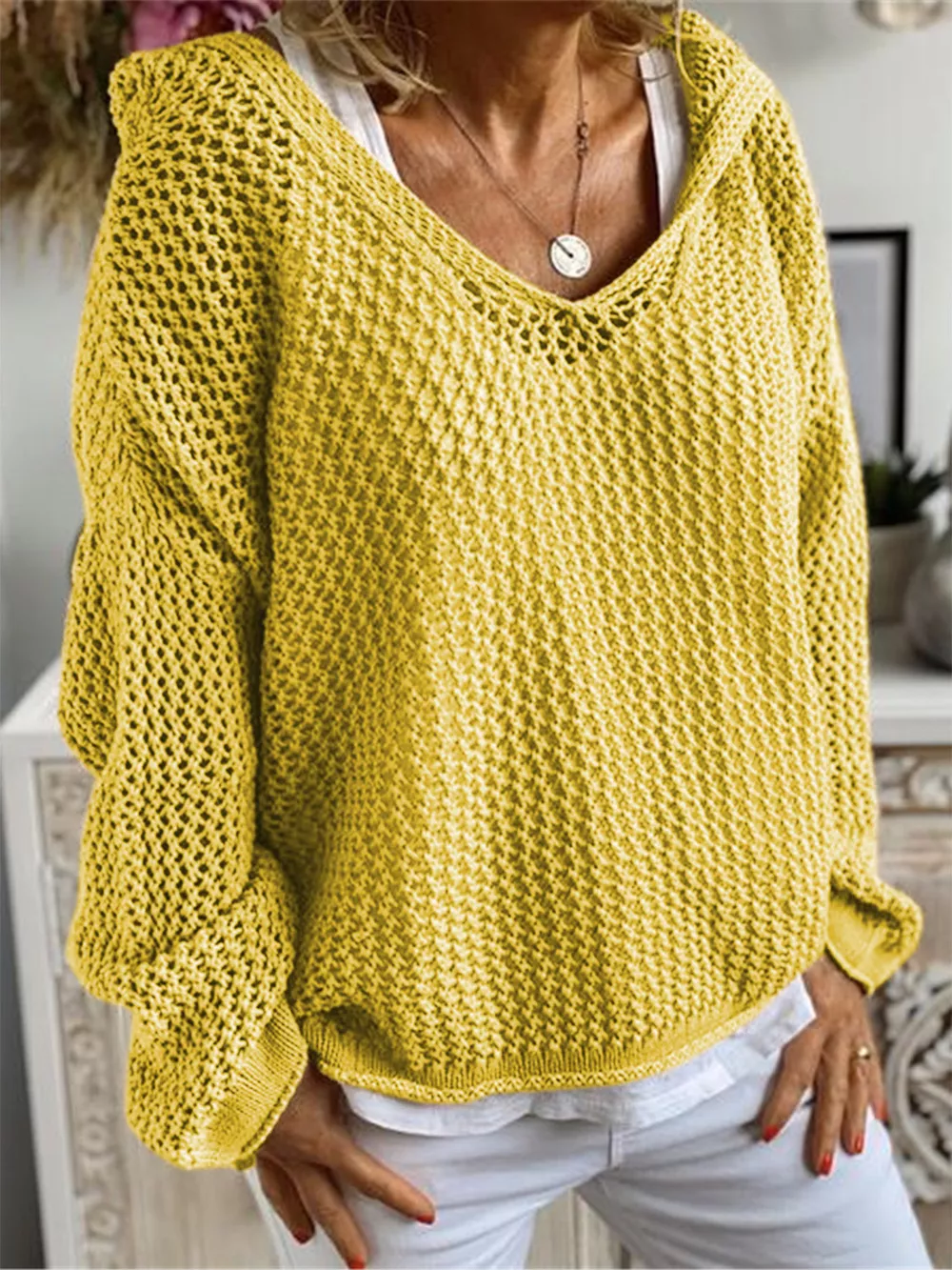 Openwork Hooded Long Sleeve Sweater, image 7