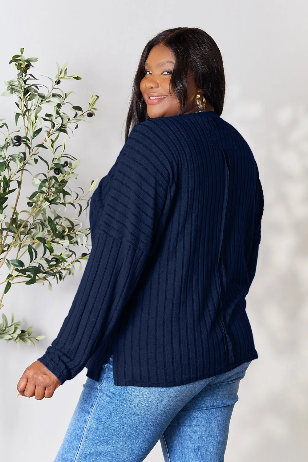 Full Size Ribbed Round Neck Slit Knit Top, image 25