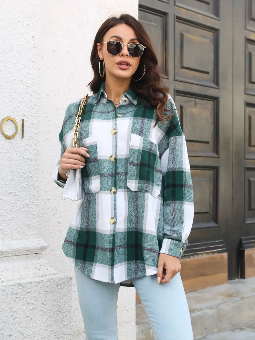 Plaid Button Up Collared Neck Long Sleeve Shirt, image 3