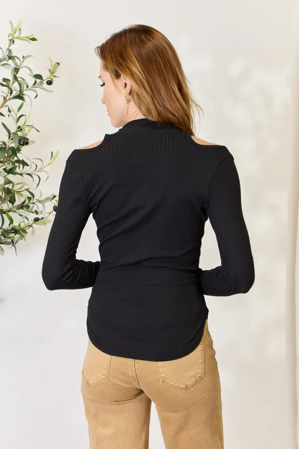 Full Size Ribbed Surplice Cold Shoulder Top, image 2