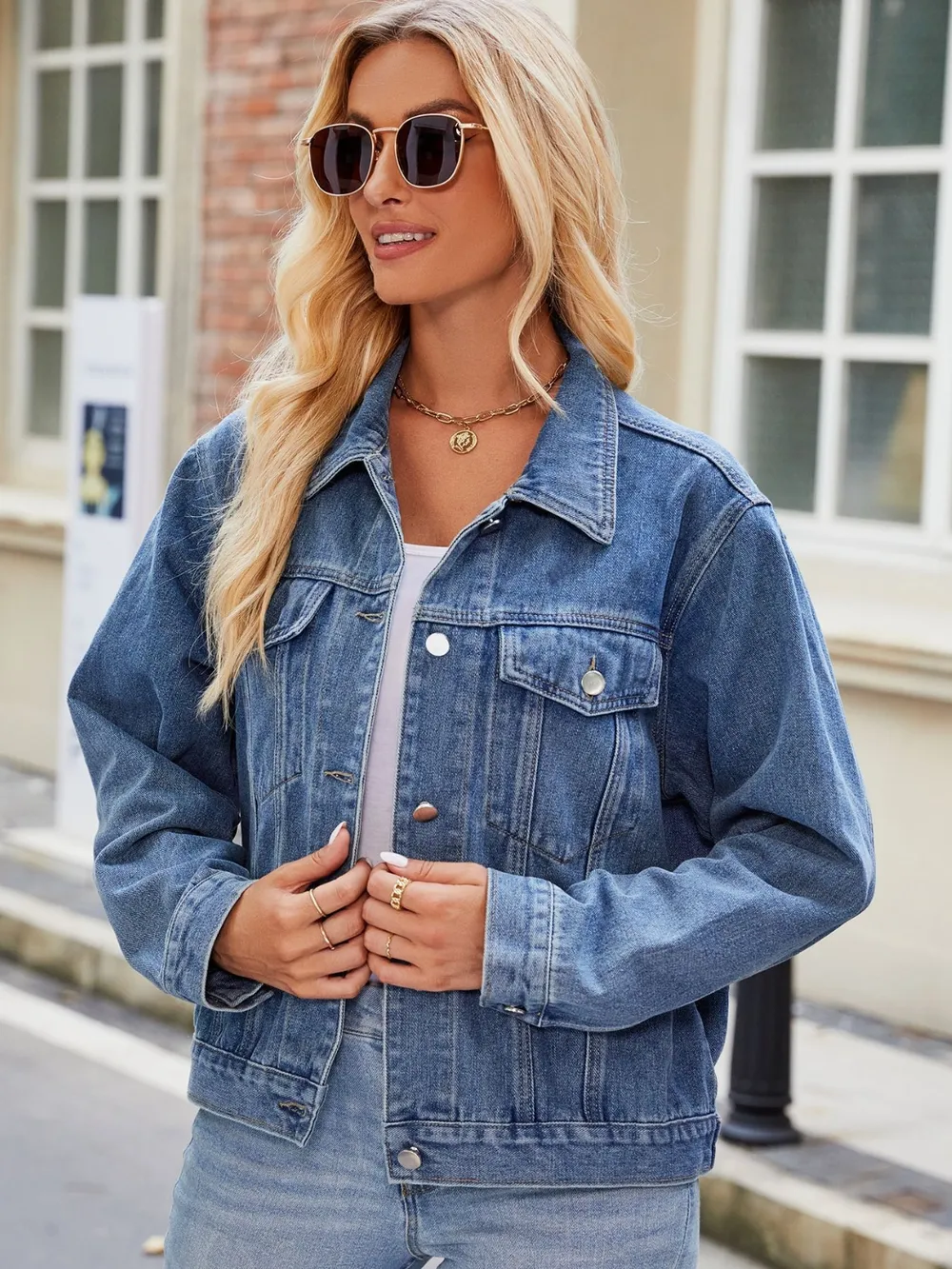 Pocketed Collared Neck Denim Jacket, image 5