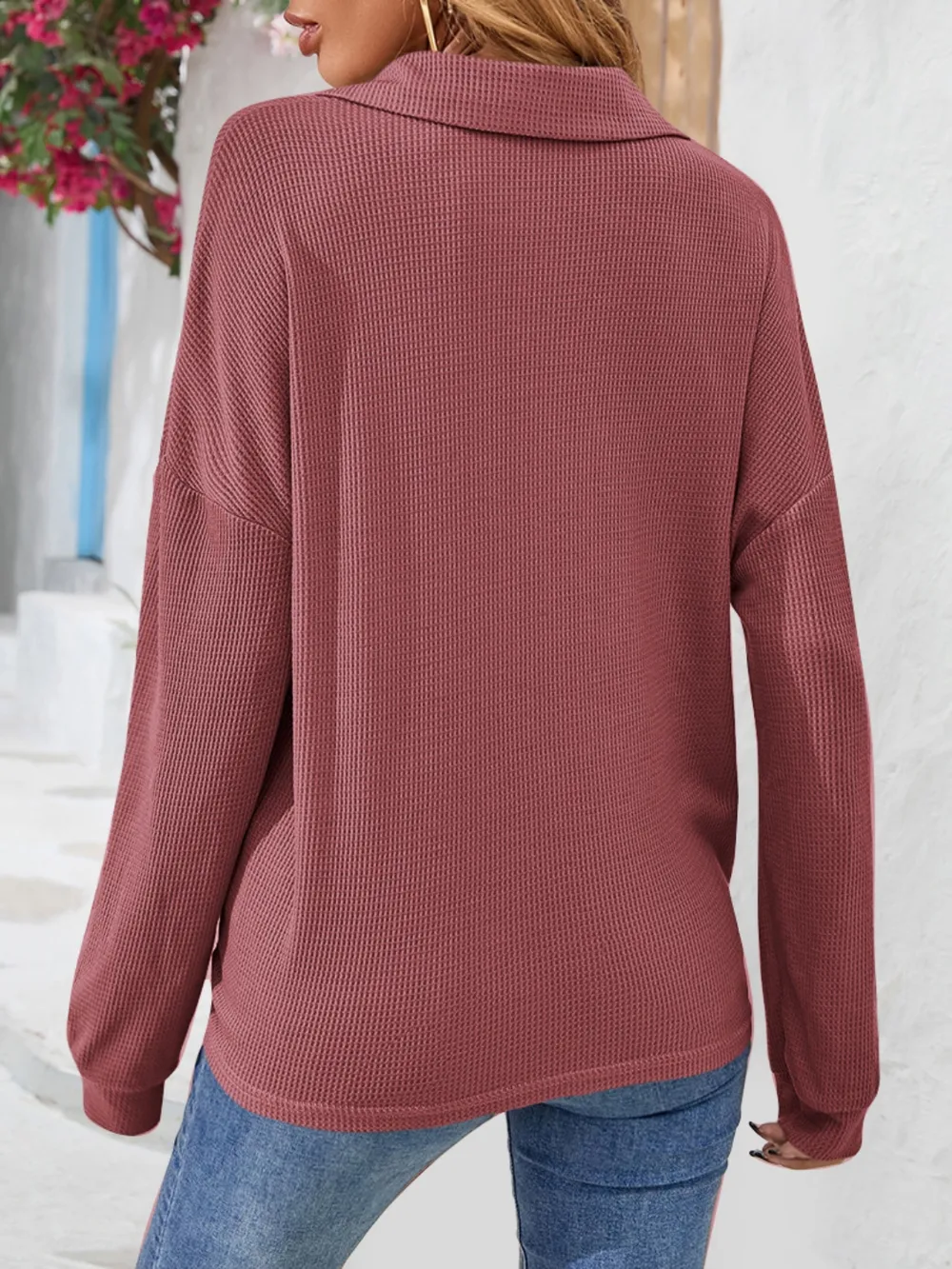 Half Button Collared Neck Long Sleeve Top, image 4