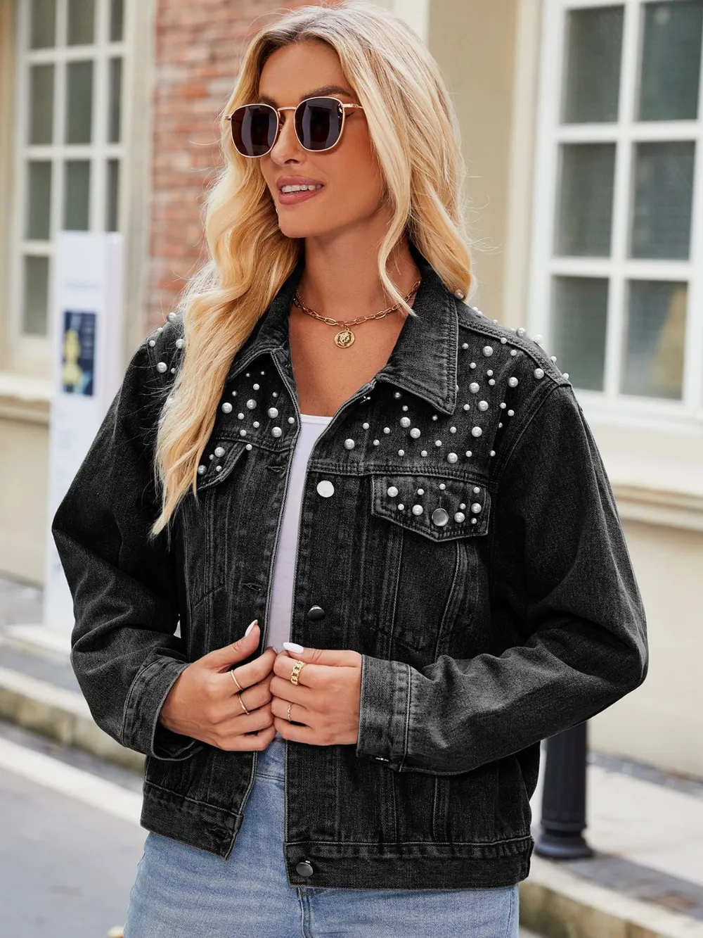 Pearl Detail Collared Neck Long Sleeve Denim Jacket, image 6
