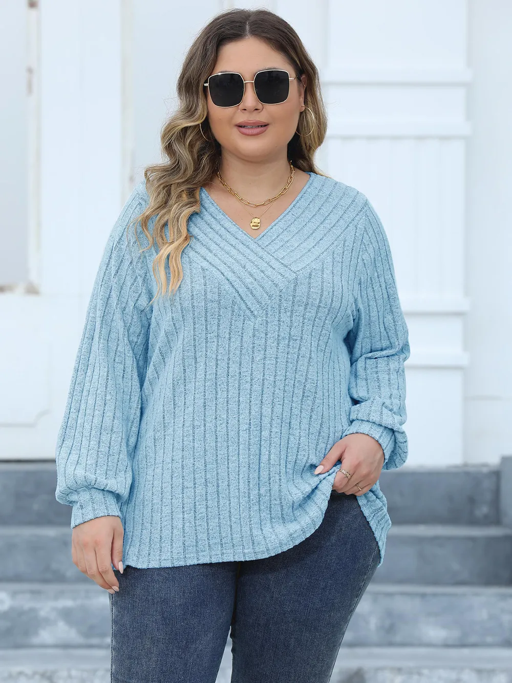 Plus Size Ribbed V-Neck Long Sleeve Top, image 2