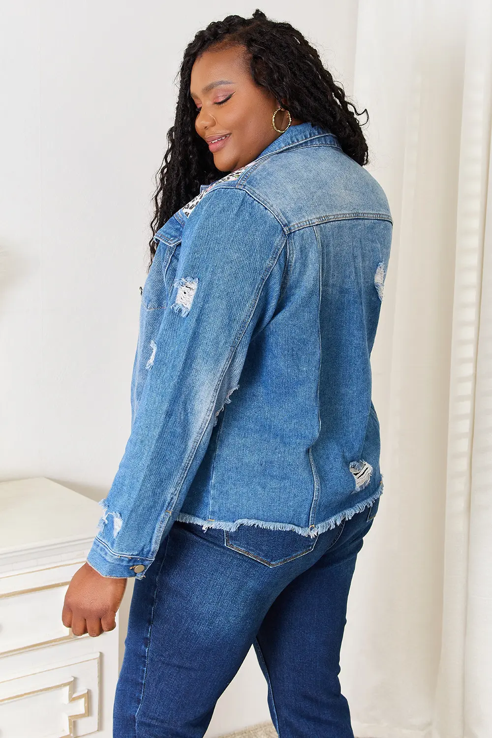 Leopard Floral Distressed Raw Hem Denim Jacket, image 8