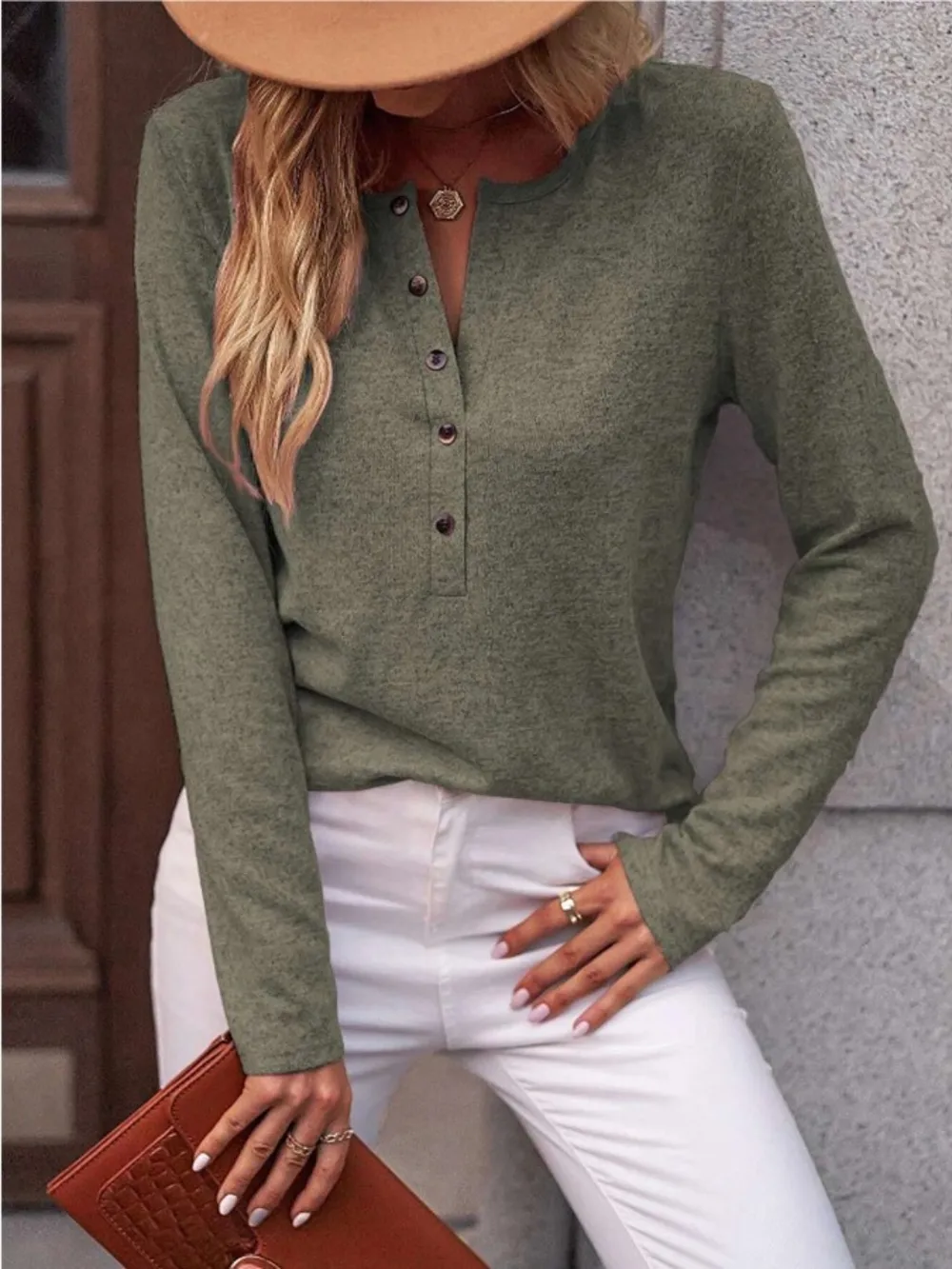 Round Neck Buttoned Long Sleeve T-Shirt, image 11