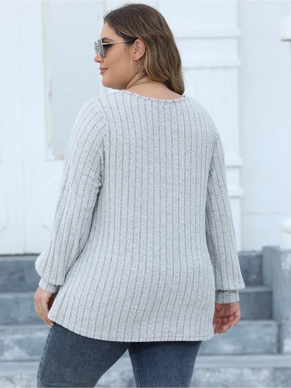 Plus Size Ribbed V-Neck Long Sleeve Top, image 12
