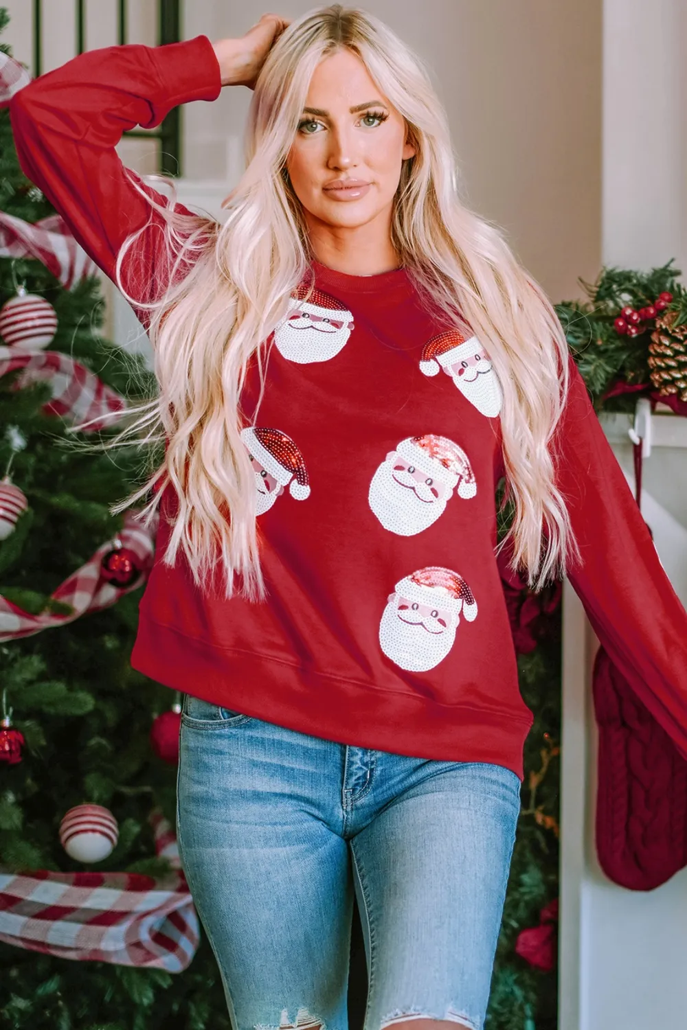 Sequin Santa Patch Round Neck Sweatshirt, image 7