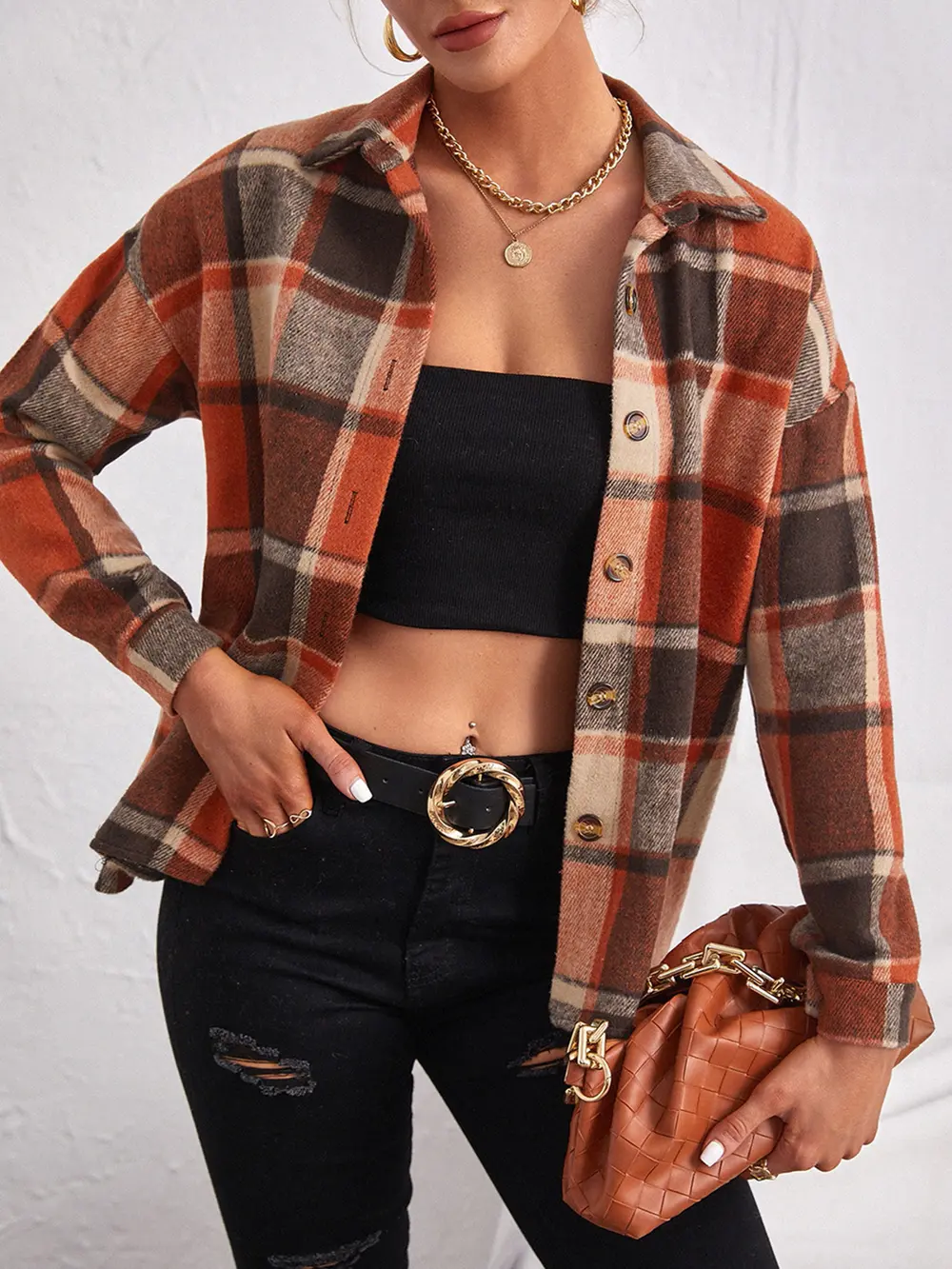 Plaid Collared Neck Button Down Jacket, image 2