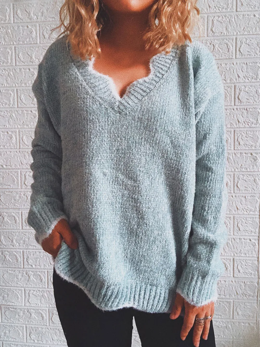 Notched Dropped Shoulder Long Sleeve Sweater, image 4