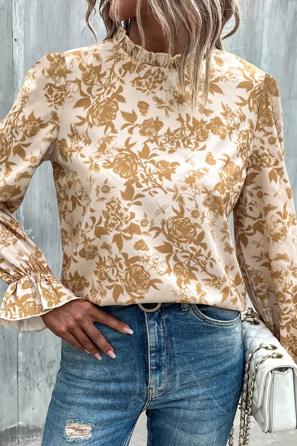 Floral Print Mock Neck Flounce Sleeve Blouse, image 5