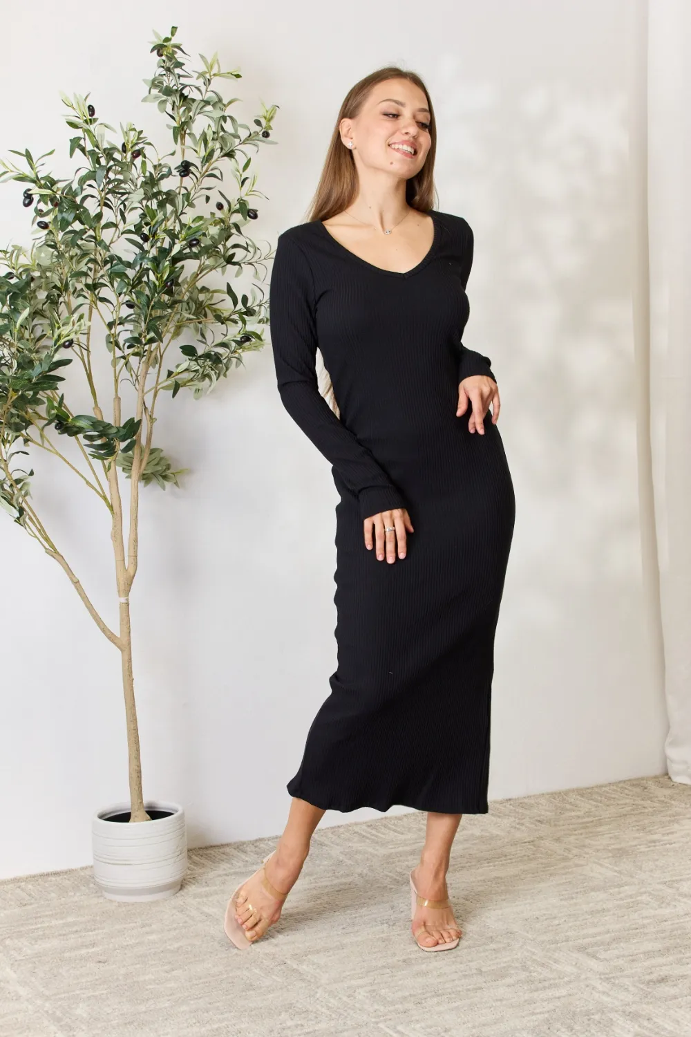 Full Size Ribbed Long Sleeve Midi Slit Dress, image 6