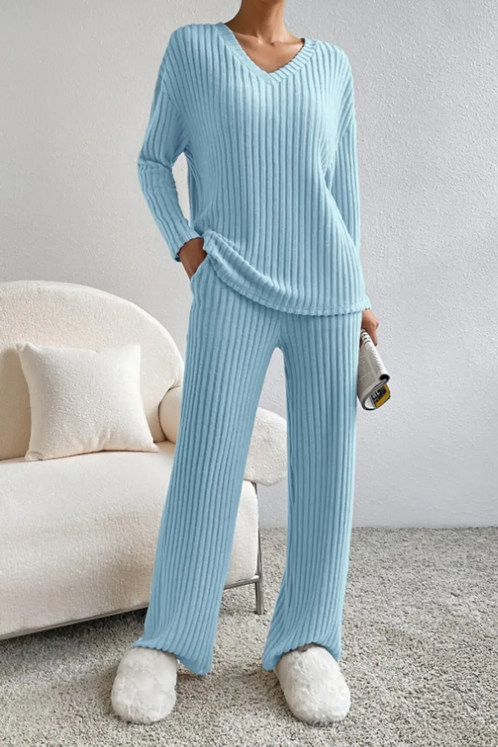 Ribbed V-Neck Top and Pants Set, image 12
