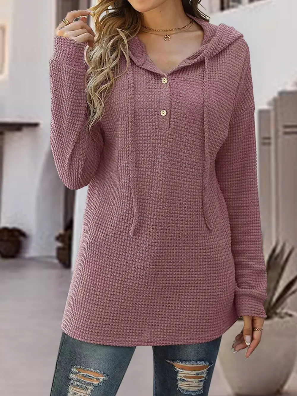 Half Button Up Drawstring Hoodie, image 6