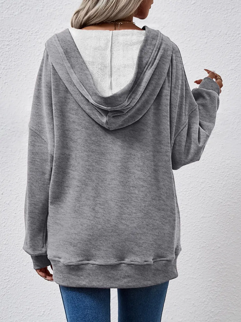 V-Neck Drop Shoulder Long Sleeve Hoodie, image 9