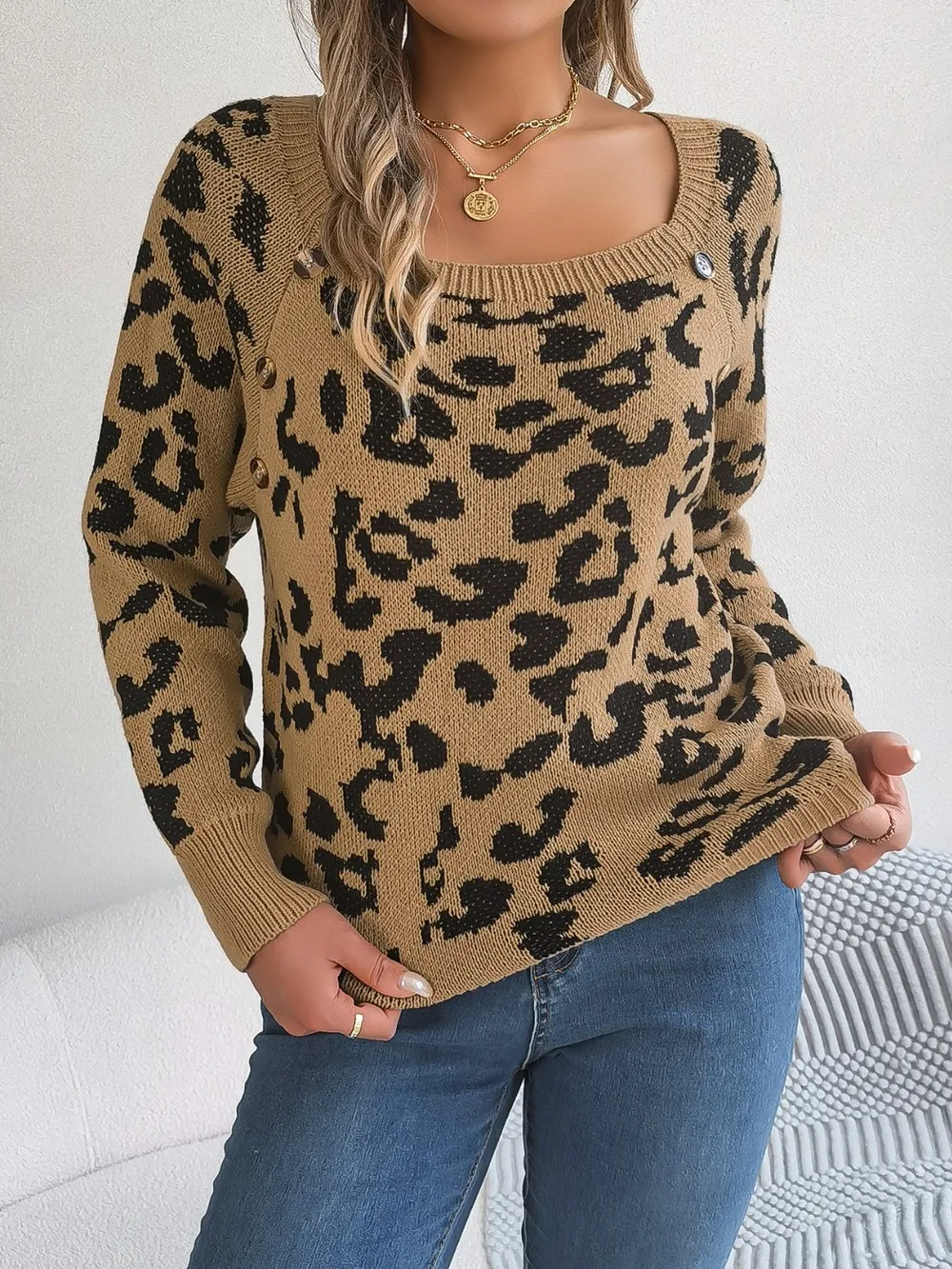 Leopard Buttoned Square Neck Sweater, image 2