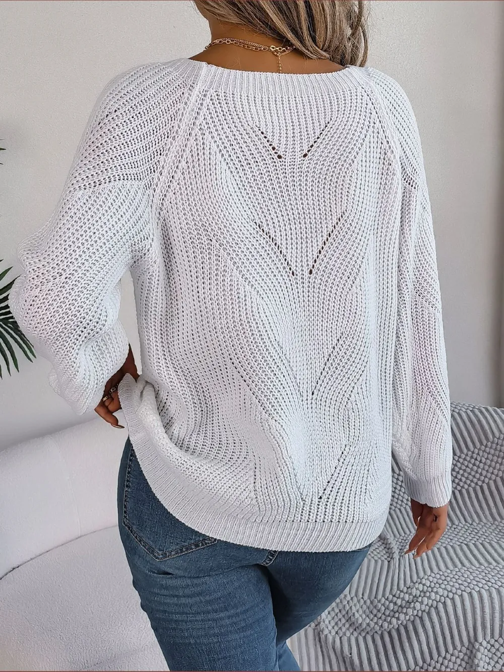 Openwork Buttoned Square Neck Sweater, image 7