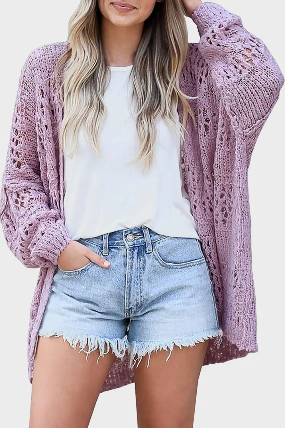 Openwork Open Front Long Sleeve Cardigan, image 13