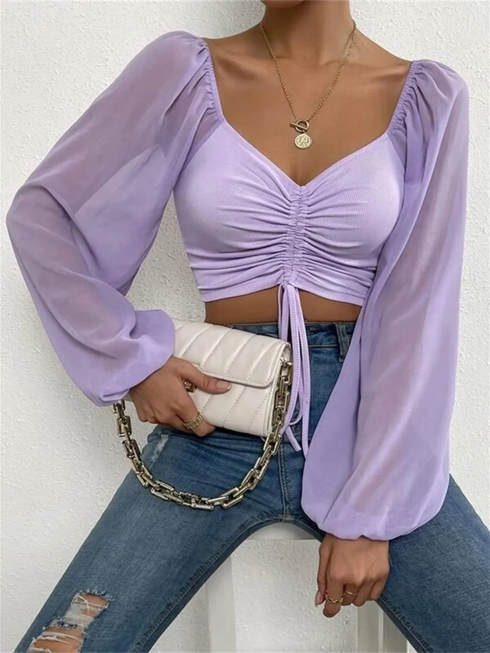 Drawstring Sweetheart Neck Cropped Top, image 28