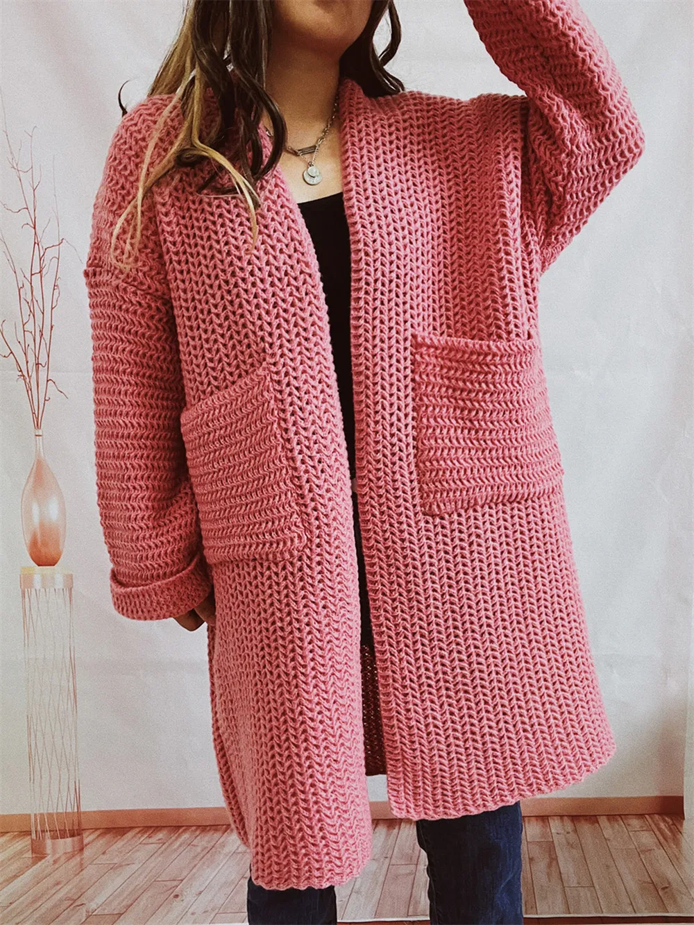 Open Front Long Sleeve Cardigan with Pockets, image 4