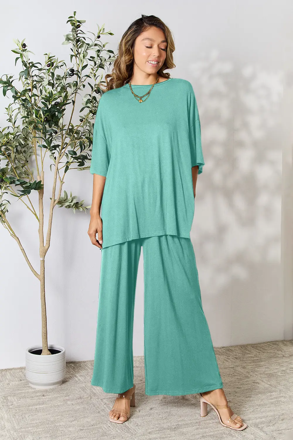 Full Size Round Neck Slit Top and Pants Set, image 23