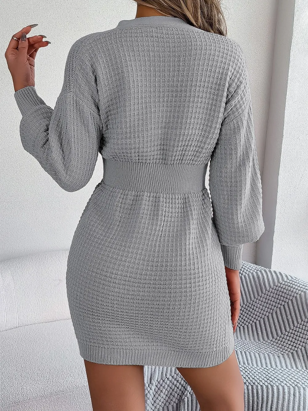 Buttoned Cable-Knit V-Neck Sweater Dress, image 3