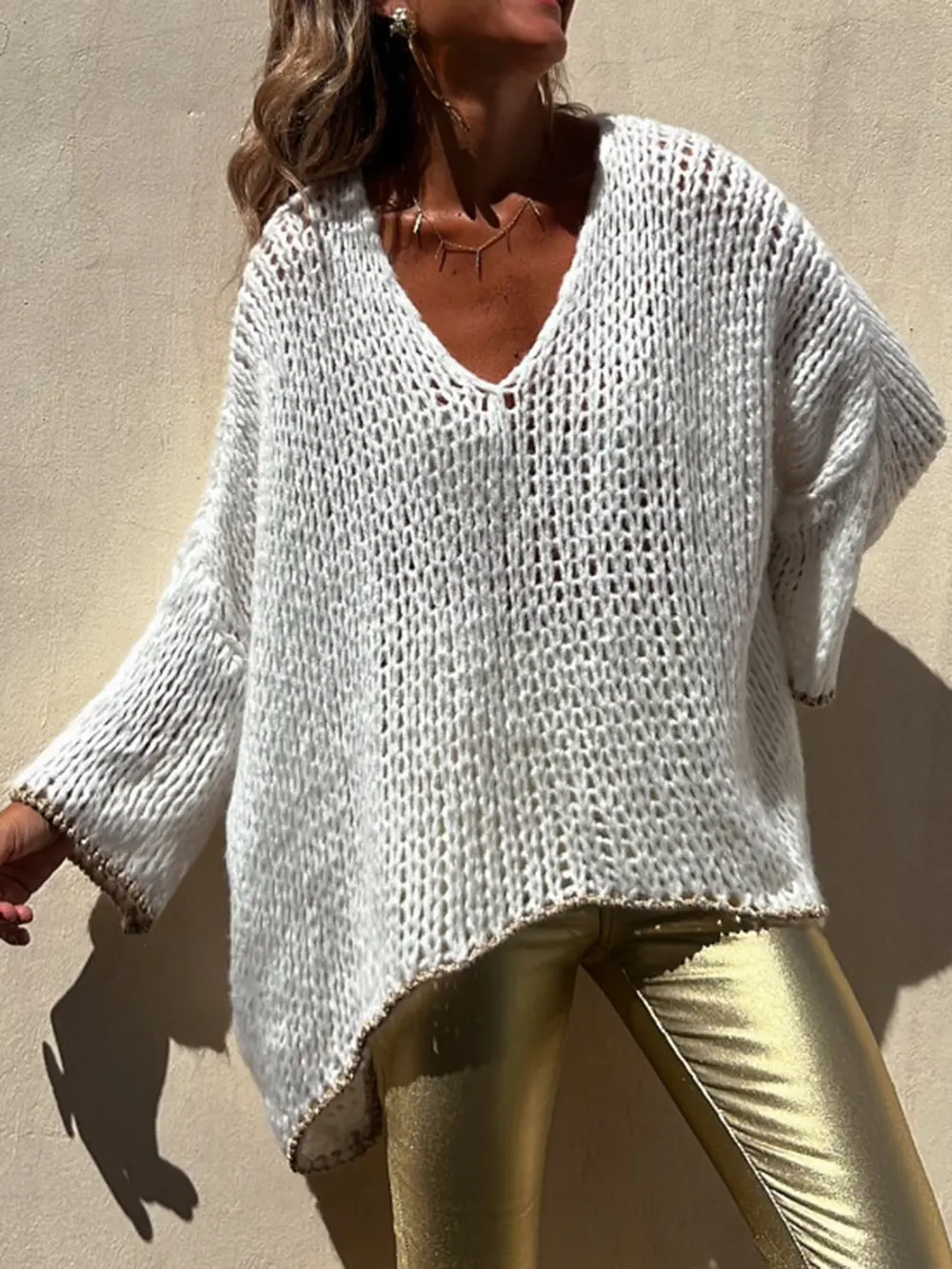 Contrast V-Neck Long Sleeve Sweater, image 3
