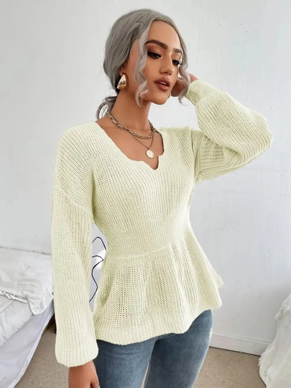Notched Dropped Shoulder Knit Top, image 18