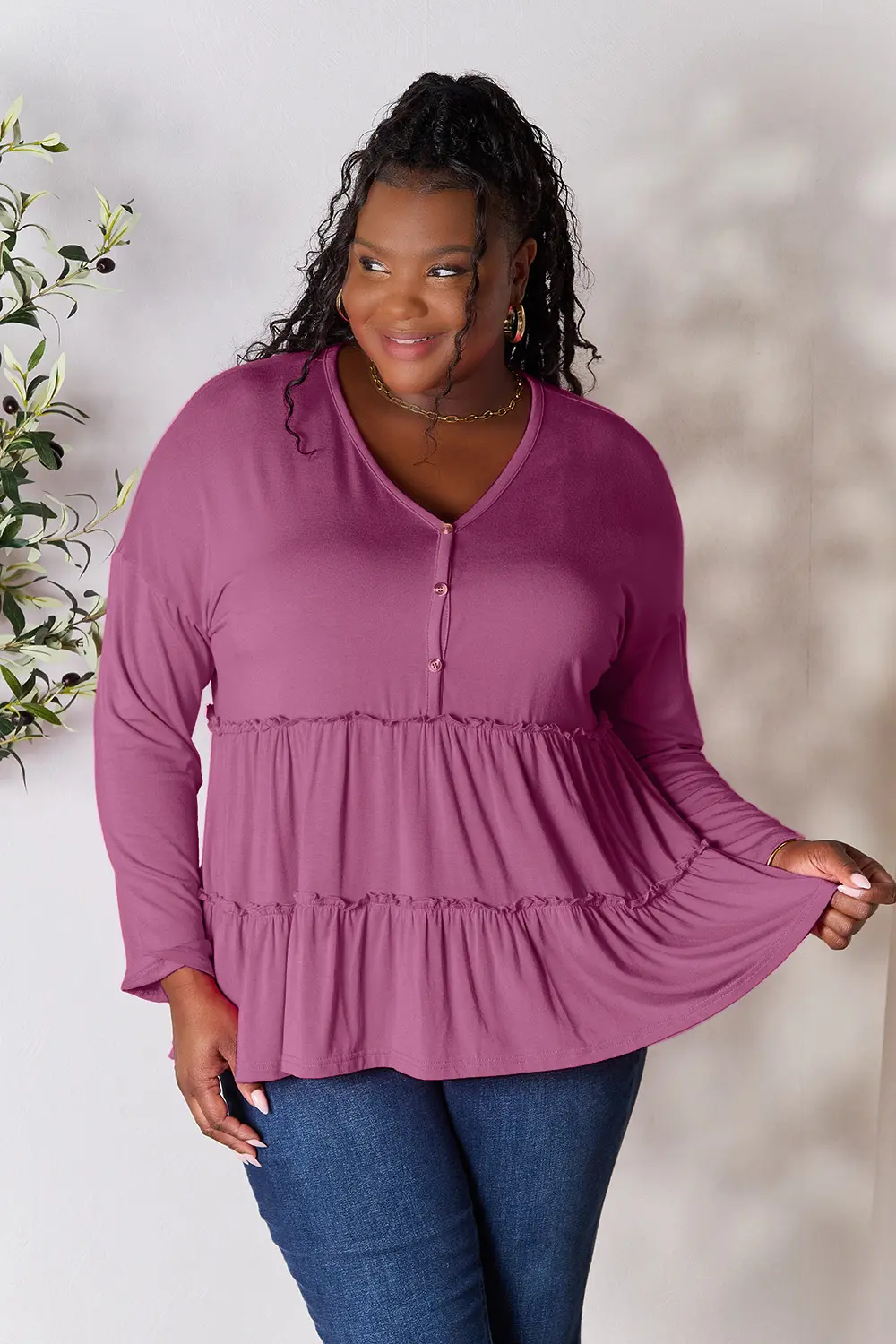 Half Button Long Sleeve Ruffle Hem Blouse, image 25