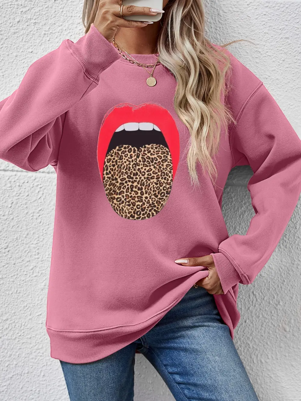 Leopard Lip Graphic Round Neck Sweatshirt, image 14