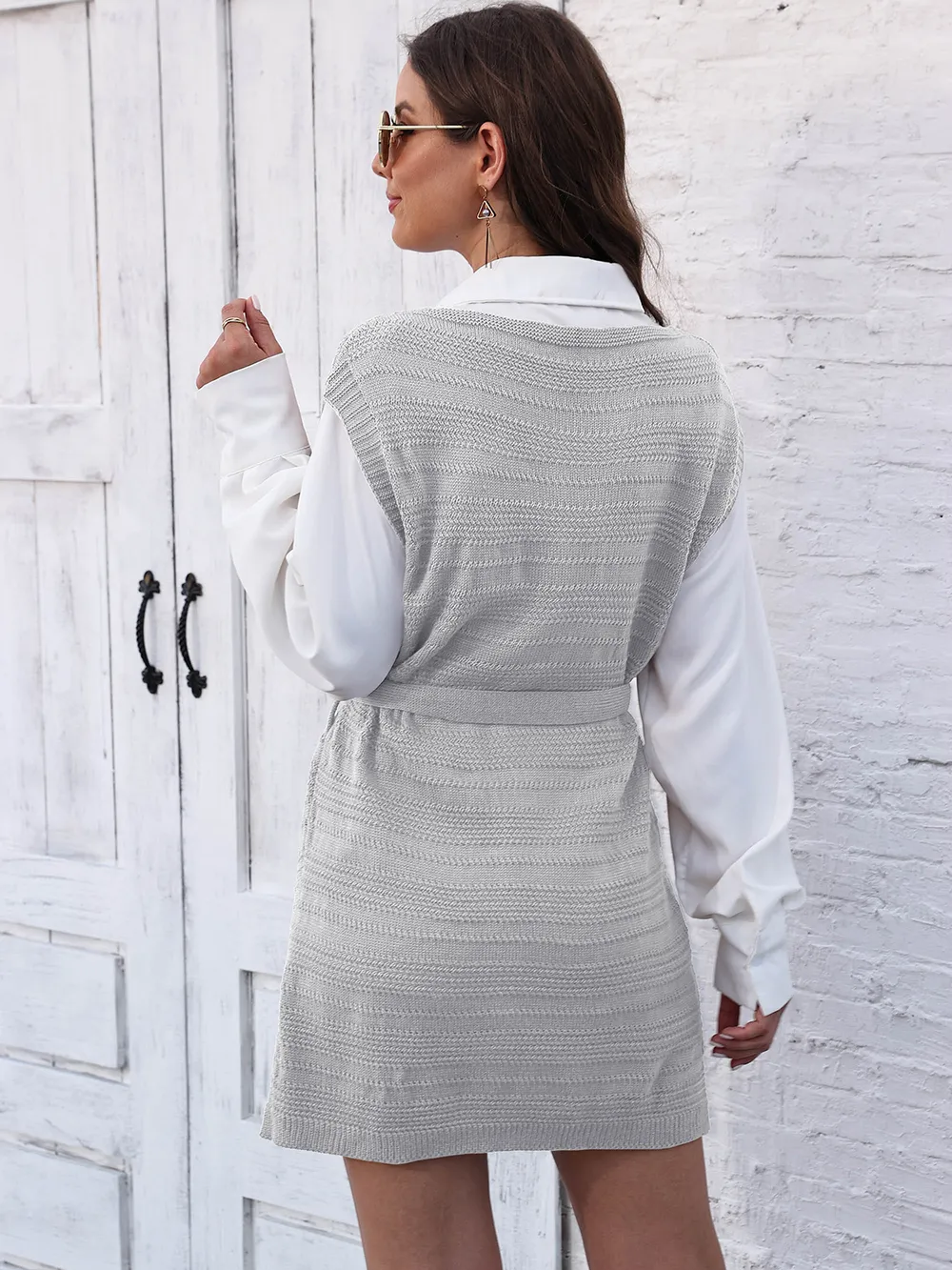 Tie Front V-Neck Sleeveless Slit Sweater Dress, image 10