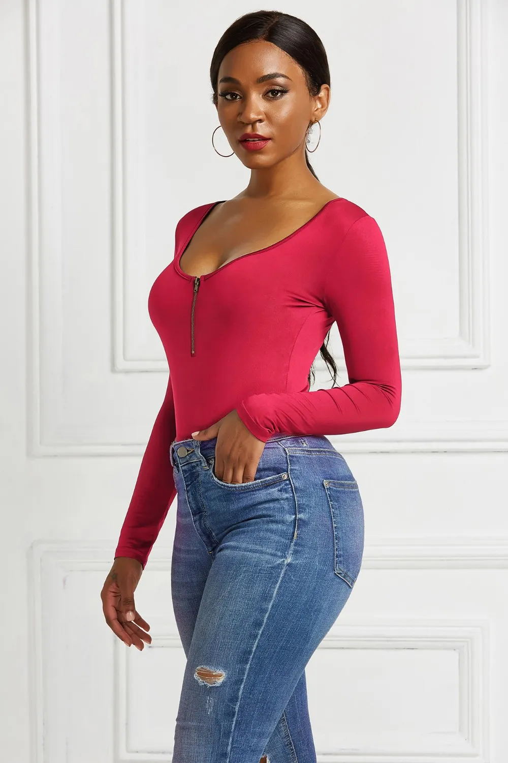 Half Zip Scoop Neck Long Sleeve Bodysuit, image 6