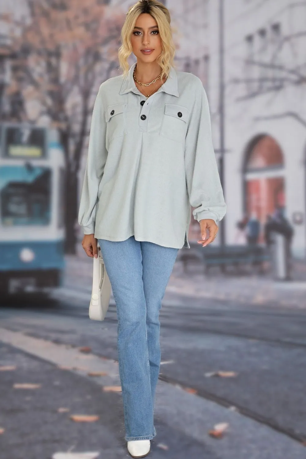 Full Size Half Button Collared Neck Long Sleeve Sweatshirt, image 5