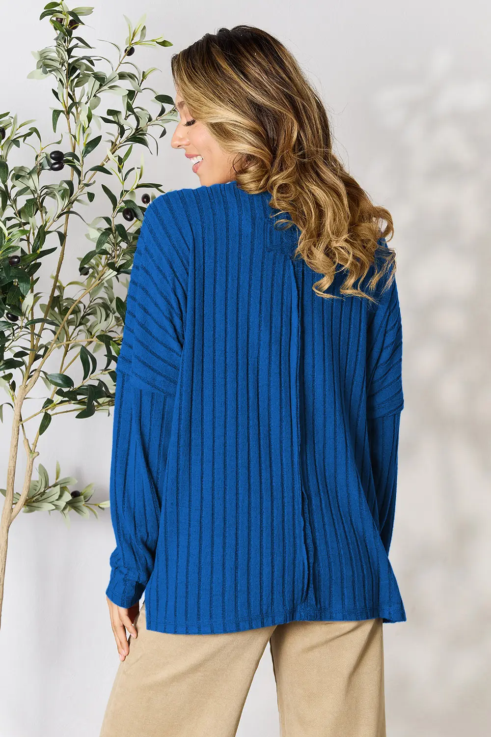 Full Size Ribbed Round Neck Slit Knit Top, image 26