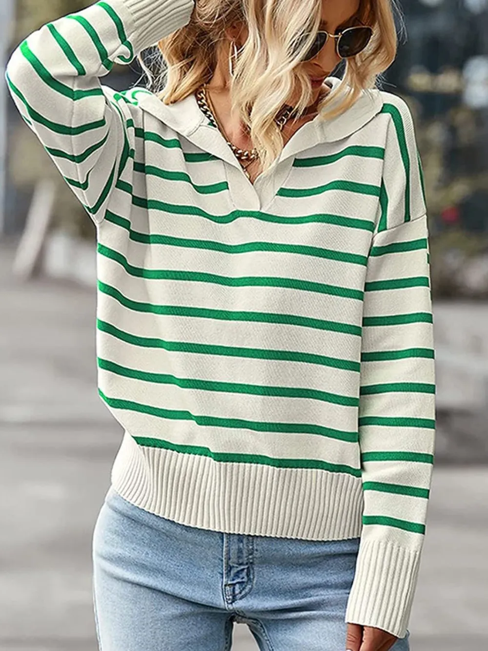 Striped Collared Neck Knit Top, image 8
