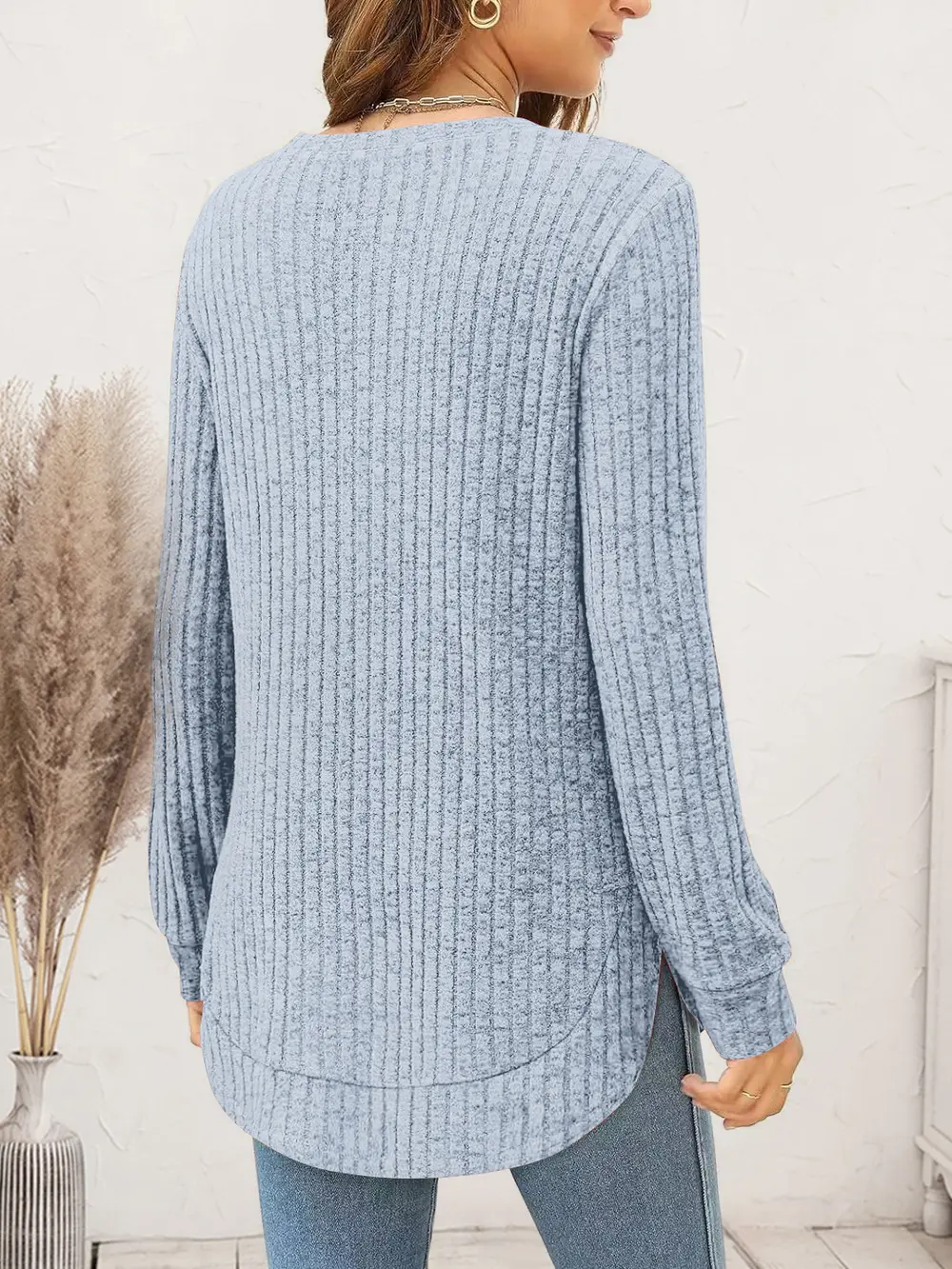 Ribbed Round Neck Long Sleeve T-Shirt, image 15