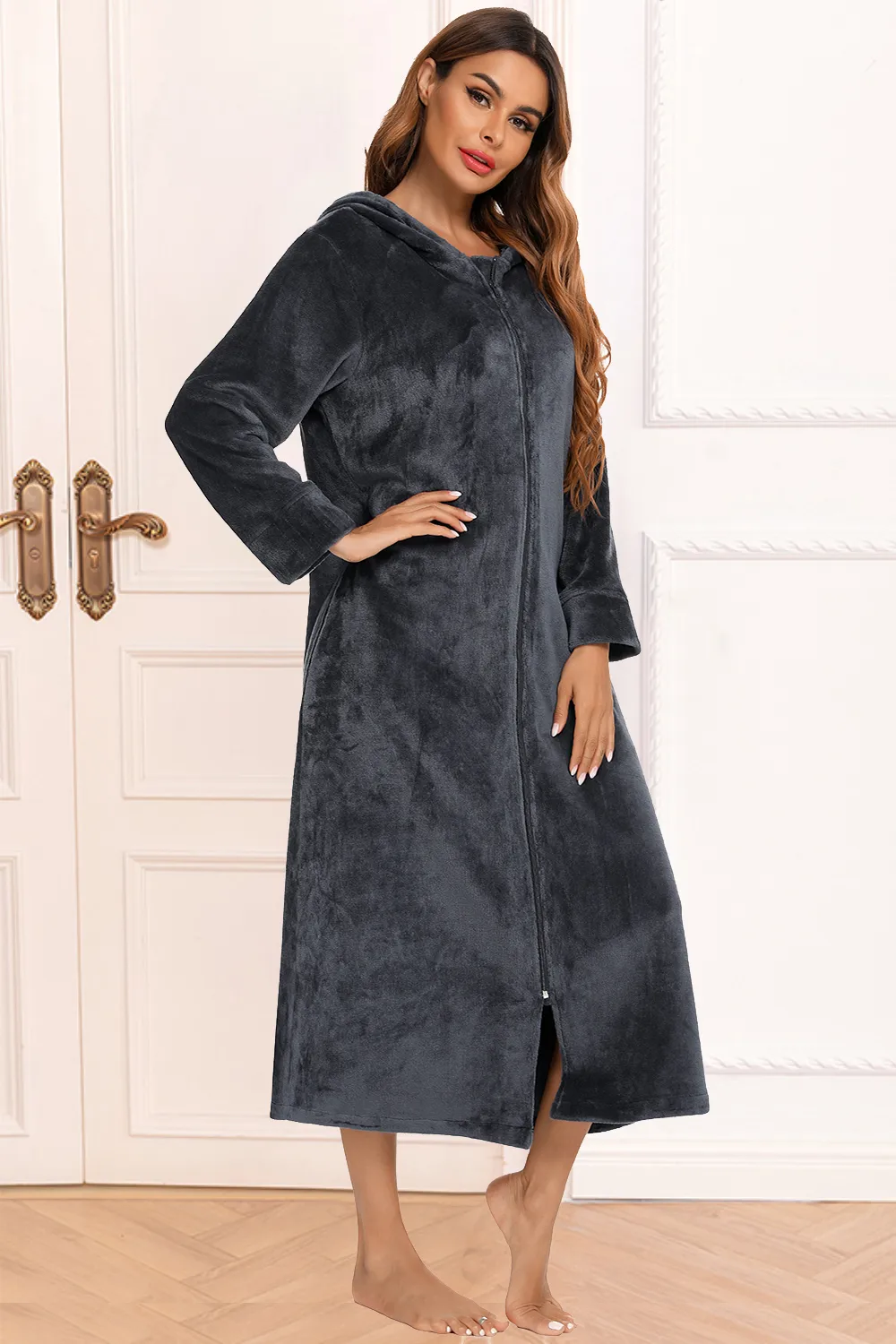 Zip Front Hooded Night Dress with Pockets, image 11