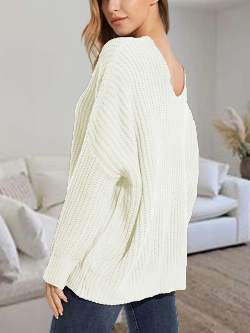 V-Neck Batwing Dropped Shoulder Sweater, image 9