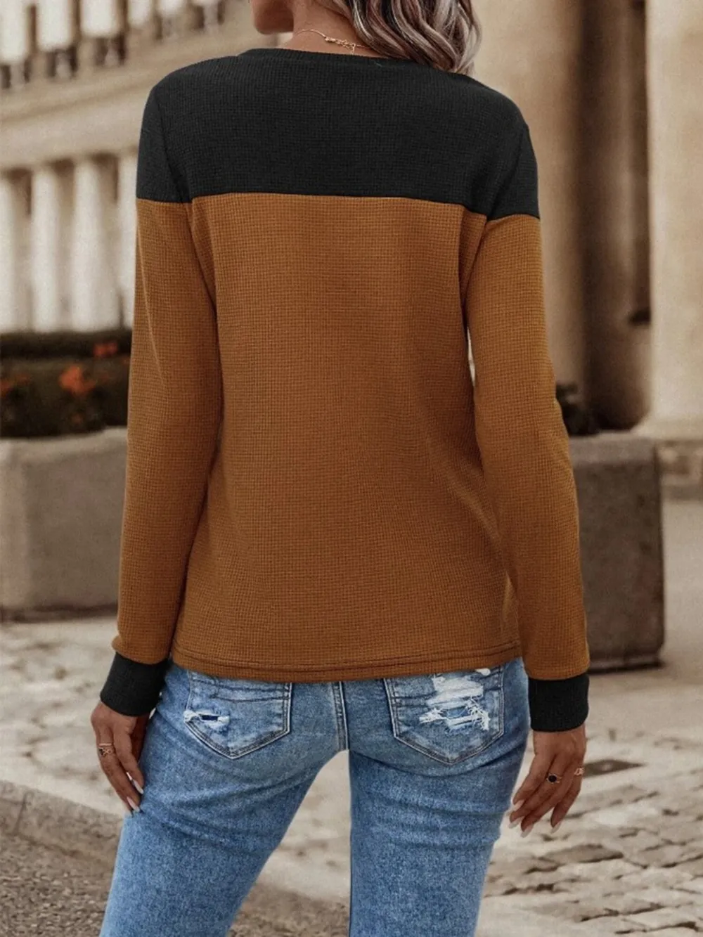 Contrast Buttoned Round Neck Long Sleeve T-Shirt, image 9