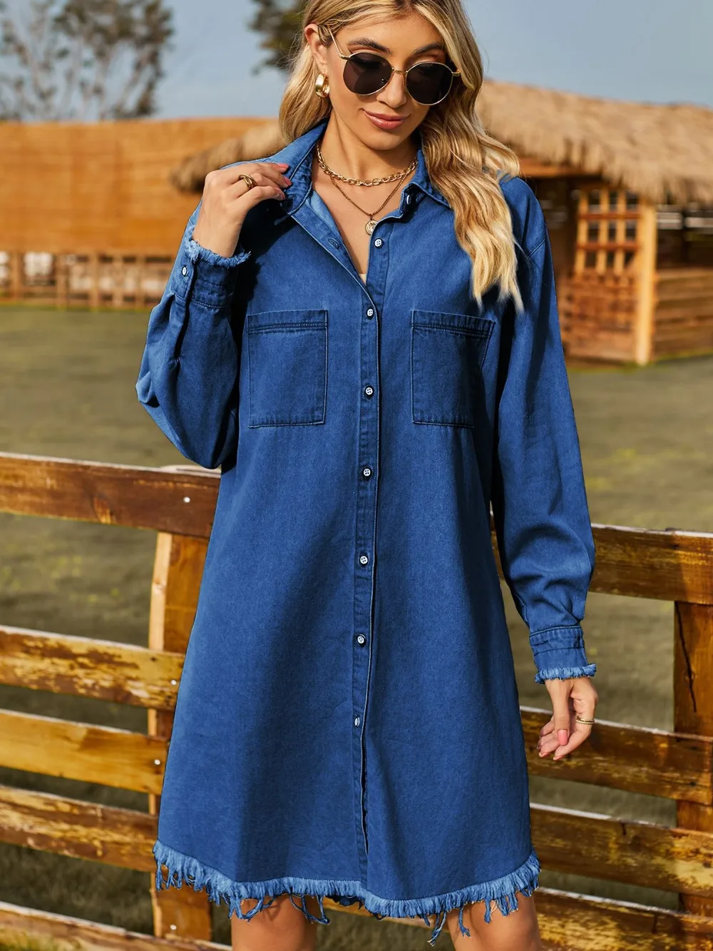 Button Up Collared Neck Raw Hem Denim Dress, image 9